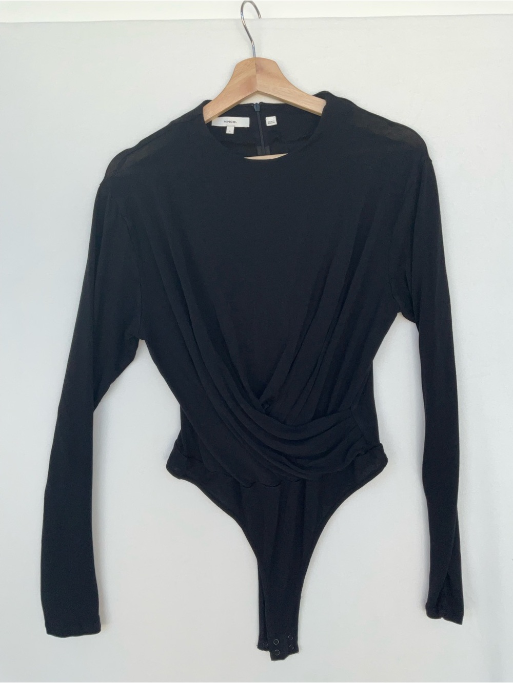 Vince Black Draped Front Long-Sleeve Bodysuit